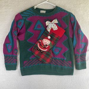VTG Susann D Christmas Sweater Womens Large Hand Knit Santa Stocking No Tag